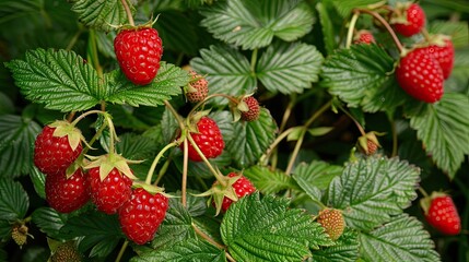 Ripe red berries dangle from the strawberry bushes. The crop is ripe and ready for picking. Illustration for banner, poster, cover, brochure, advertising, marketing or presentation.