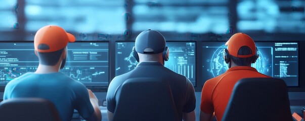 Sports team analyzing holographic data, modern gym, scifi, vibrant colors, digital painting