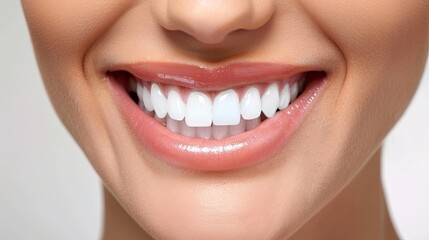 Obraz premium Beautiful female smile with healthy teeth. Close-up teeth after whitening procedure. Dentistry concept. Image symbolizes oral care dentistry. Can be used for advertising, marketing or presentation.