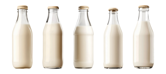 Set of milk bottles isolated on transparent or white background