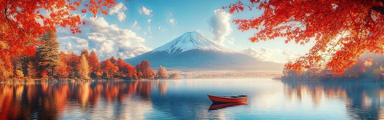 Peaceful Autumn Morning at Lake with Mountain Backdrop