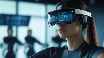 Sports team using AR glasses for training, advanced fitness center, cyberpunk, monochrome, photorealistic