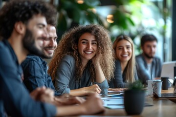 Fototapeta premium Young happy start-up team talking during business meeting in the office, Generative AI