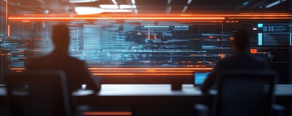 Obraz premium Team collaboration in a holographic workspace, futuristic setup, neon highlights, photorealistic