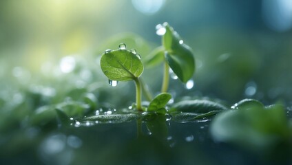 Dewy Morning Symphony A Water Droplet on a Young Sprout with Floating Aqua Cells.