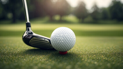 Fototapeta premium Golf ball on a green lawn and golf club ready to push it.