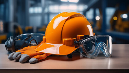 Safety First: Essential Gear for Industrial Protection - A vibrant orange hard hat takes center stage, flanked by heavy-duty gloves and protective eyewear, underscoring the paramount importance of wor