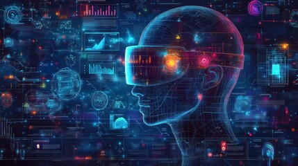 Fototapeta premium Modern infographic design focused on technology and innovation. The layout includes icons representing virtual reality, augmented reality, and immersive experiences. The background features abstract