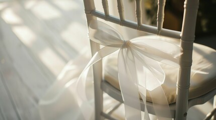 Wedding chair with white ribbon bouquet. Concept theme for weddings and wedding planners.