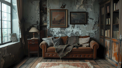 A cozy living room with a leather sofa, a side table with a lamp, and a bookcase filled with books. The room has a rustic feel with exposed brick and wooden floors.