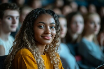 Obraz premium Multiracial group of university friends studying in lecture hall at campus, Generative AI