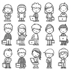 Various stick figure characters engaged in different activities in a fun office environment. Generative AI