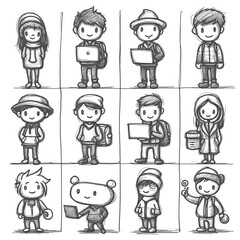Various stick figure characters engaged in different activities in a fun office environment. Generative AI