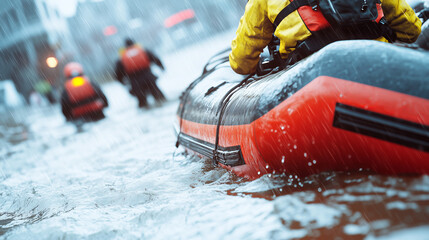 Fototapeta na wymiar Rescue Team Navigating Flooded Streets During Heavy Rain