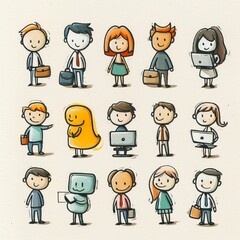 Funny stick figure business people engaged in various activities on a white background. Generative AI