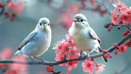 two spring bird on cherry flower blossom branch, nature background