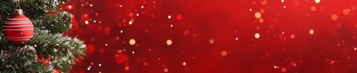 Naklejka premium Red long banner with Christmas tree and bauble, lights shining bright for Christmas, New Year