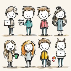 Animated stick figure characters with happy faces on white background expressing various emotions and activities. Generative AI