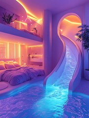 futuristic design bedroom with pool in the lights
