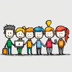 Joyful stick figure characters holding hands in colorful attire on white background. Generative AI