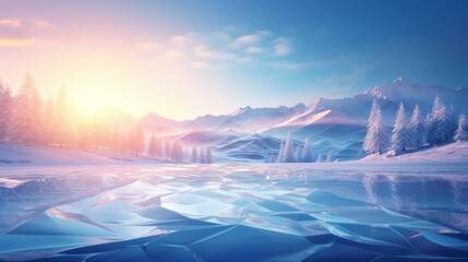 Serene winter landscape with ice and snow under a bright sunny gradient sky. Generative AI