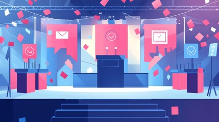 Obraz premium A vibrant election stage design with checkmarks, confetti, and a podium symbolizing voting, democracy, choice, celebration, and success.