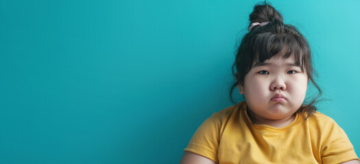 Overweight Asian small girl looking unhappy. Studio portrait with copy space on side. Children obesity concept. Generative AI
