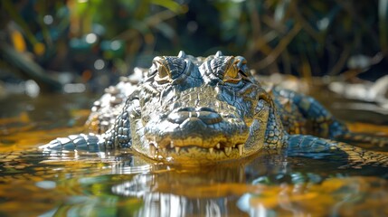 Fototapeta premium a close up of a crocodile in a body of water