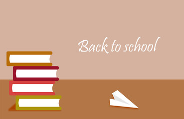 Back to school poster for the beginning of the school year. School background with books and paper airplane