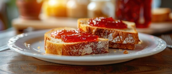 Delicious breakfast toast with strawberry jam and butter.