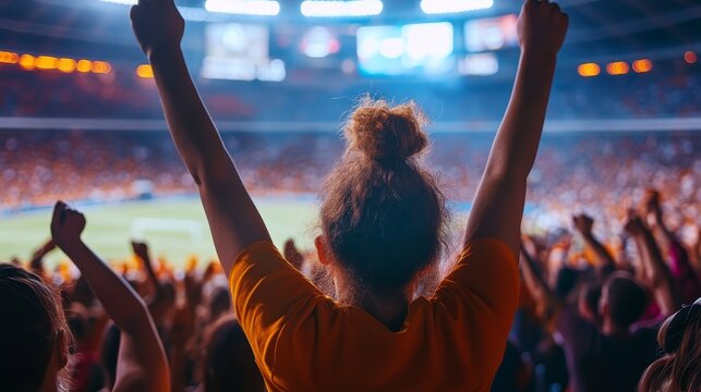 A female fan stands with her arms raised, celebrating with a large crowd in a stadium.  Her excitement embodies the joy of shared victory and the passion of sports fandom.  The lights of the stadium s