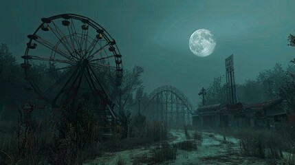 A haunted carnival with abandoned rides and creepy clowns, illuminated by the dim light of a full moon, creating a sinister and eerie atmosphere.