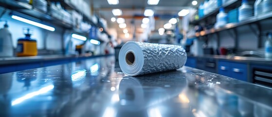 Cleaning paper roll on a stainless steel industrial workbench, with tools and equipment in the background. 