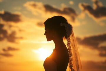 Bride silhouette against sunset sky beach wedding photography, with copy space