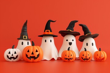 3d render of cute cartoon ghosts wearing witch hats and pumpkins on red background