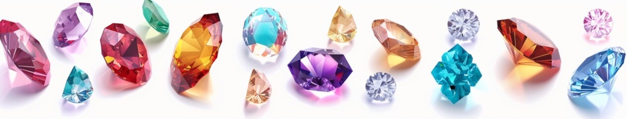 A variety of colorful gemstones arranged in different shapes and sizes, displayed on a white background.