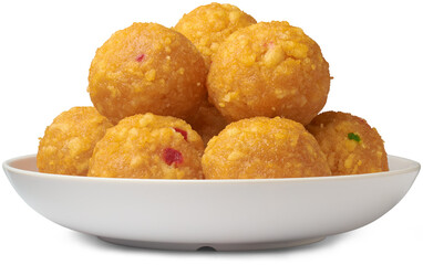 plate of laddu, laddoo or ladoo isolated white background, popular traditional Indian sweet treats...