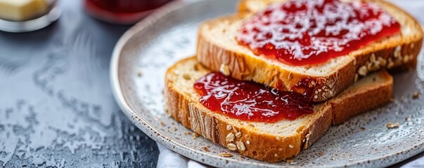 Delicious breakfast toast with strawberry jam and butter.