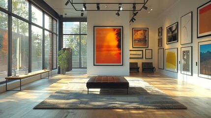 Modern art gallery interior with large windows, contemporary paintings, and minimalist furniture in bright, inviting space.