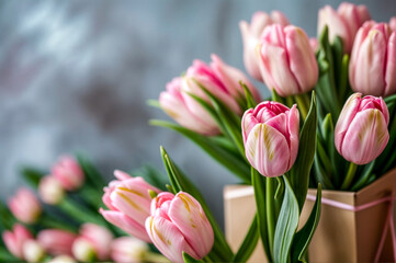 Naklejka premium Bouquet de tulipes roses en gros plan