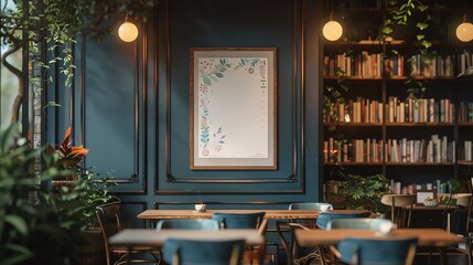 Cozy cafe interior with empty picture frame, elegant blue walls, bookshelves, and warm lighting ambiance, ideal for relaxation and reading.