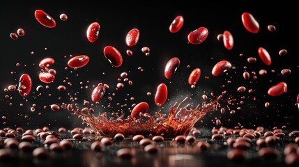 Dynamic Adzuki Bean Splash in Mid-Air on Black Background