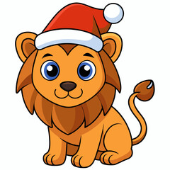 cute lion wearing a big Christmas cap vector illustration 