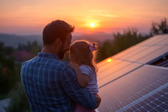 Dad holding girl, standing in front of roof with solar panels during sunset. Rooftop solar or photovoltaic system. Sustainable future for next, Generative AI