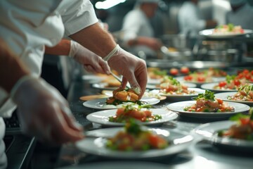 Caterer plating hors doeuvres for event, with copy space
