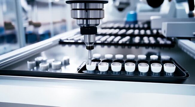 Close-up of advanced robotic machinery in a laboratory conducting precise operations on small containers, showcasing automation in pharmaceutical manufacturing.