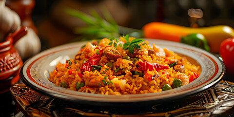 Paella española o arroz con mariscos delicioso platillo mediterráneo 