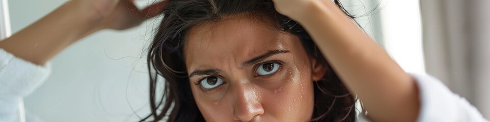 Fototapeta premium Young Indian woman upset by dandruff looking at her hair roots in mirror Frustrated lady in bathrobe after bath suffering from dry flaky scalp Close up shot with copy space