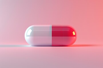 A 3D mock-up rendering presents a modernist-style white and pink capsule pill against a light white background in minimalist product photography.