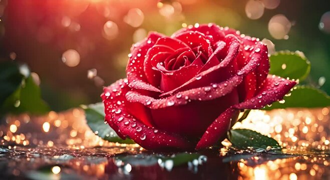 Beautiful red rose with dewdrops, perfect for romantic videos and advertising campaigns. Red rose with water drops video background for greeting cards, wedding invitations, and romantic scenes